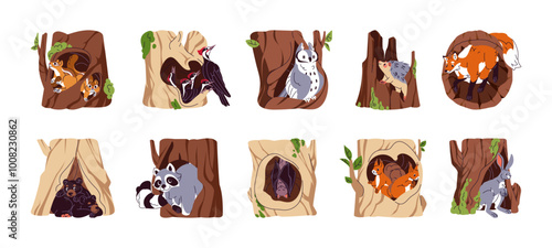 Different forest animals inside tree hollows set. Various woodland birds, hares, raccoon in wood holes. Squirrel, fox, bear in home, den, cave. Flat isolated vector illustrations on white background
