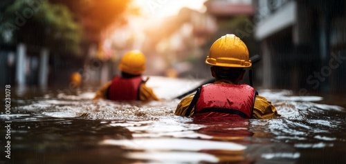 Rescue workers in a flooded environment, yellow helmets and red vests, focused on flood relief and emergency operations photo