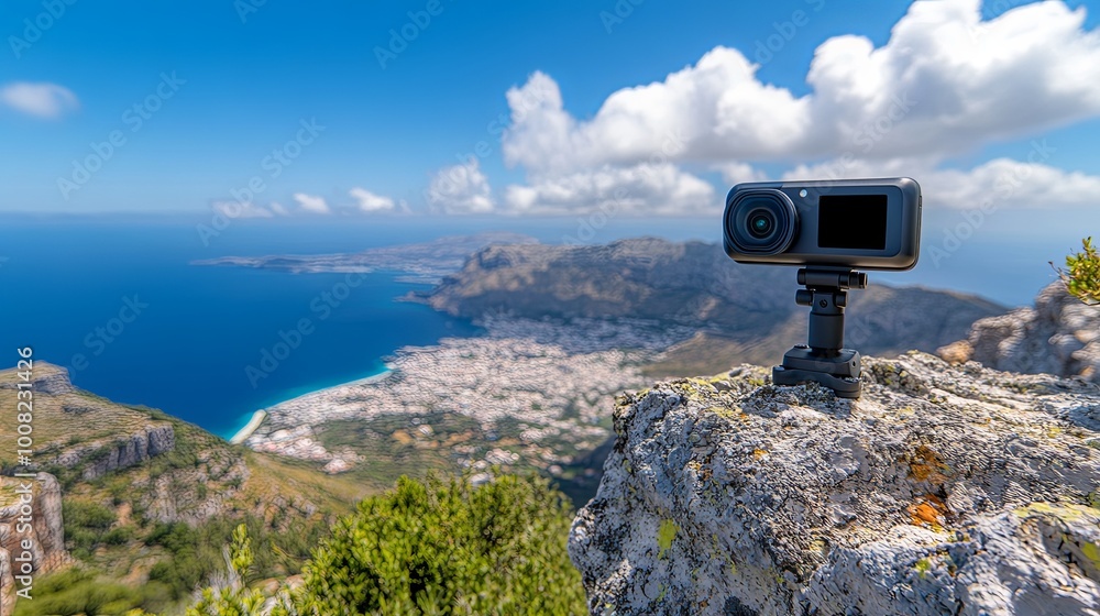 A camera on a rocky ledge overlooking a coastal town and ocean, capturing a scenic landscape. A camera on a rocky ledge overlooking a coastal town and ocean, capturing a scenic landscape.