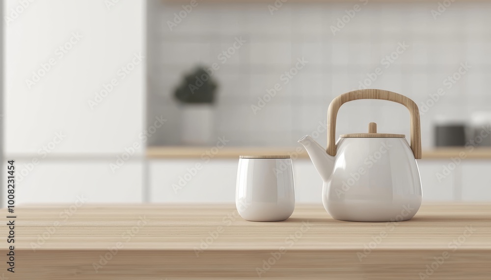 Scandinavian-style kitchen with simple jars and a teapot on a wooden surface, blurred white cabinetry and bright interior design Scandinavian-style kitchen with simple jars and a teapot on a wooden surface, blurred white cabinetry and bright interior design