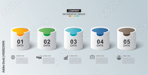 Infographics cylinder timeline success with 5 number data template. Illustration abstract background.