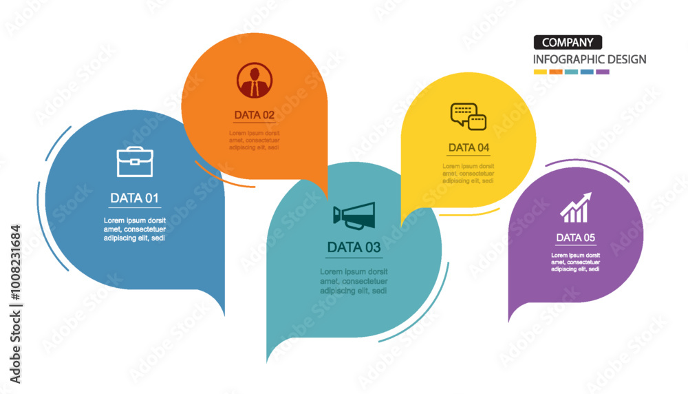 Infographics speech bubbles timeline with 5 number data template. Illustration abstract background.