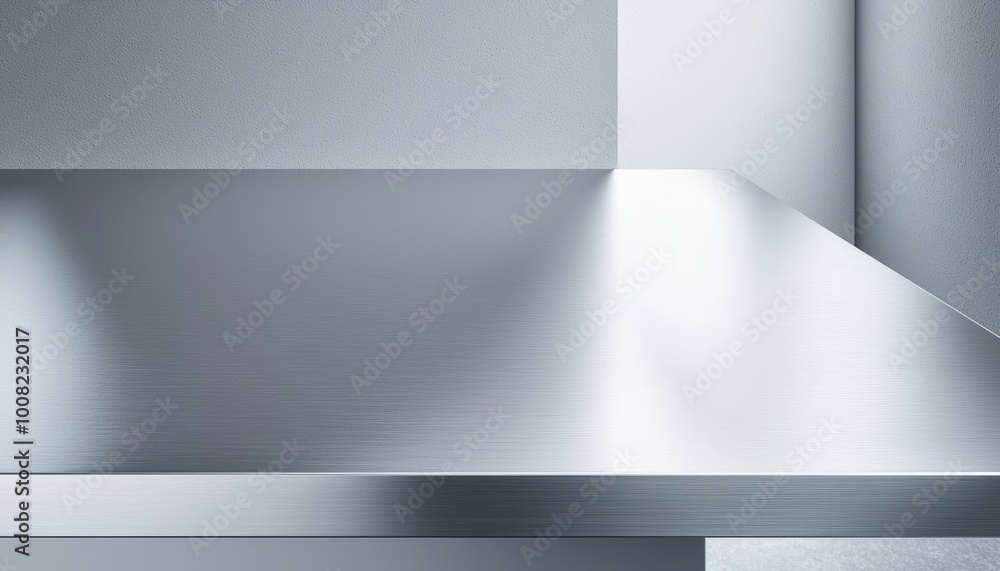 Sleek stainless steel countertop under soft spotlight, minimalist industrial design, clean and modern aesthetic Sleek stainless steel countertop under soft spotlight, minimalist industrial design, clean and modern aesthetic