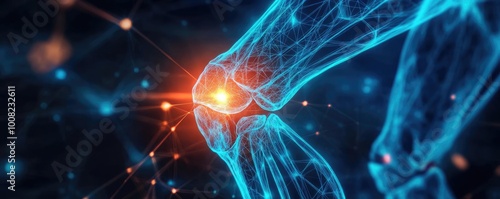 Detailed digital illustration of a human knee joint, showcasing anatomical precision, highlighting ligaments and synovial fluid dynamics.