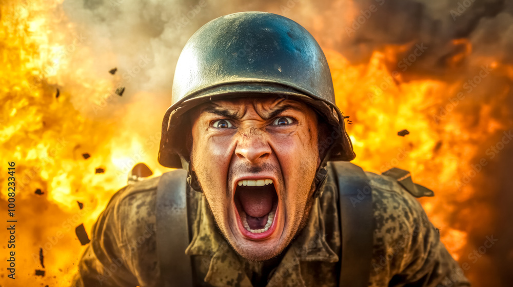 Fototapeta premium Soldier screaming with intense rage during explosion