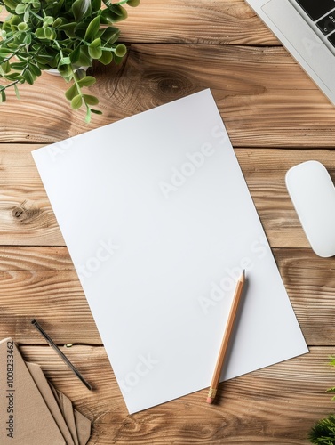 Top view of empty blank white vertical resume paper document mockup template on wooden offic - ai