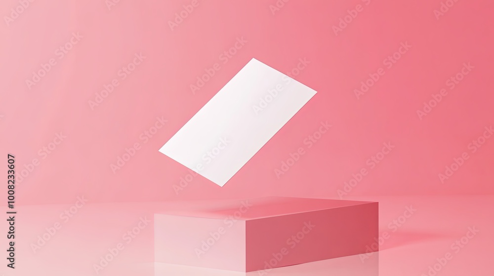 A minimalist scene featuring a floating white card above a pink pedestal, emphasizing simplicity and design. A minimalist scene featuring a floating white card above a pink pedestal, emphasizing simplicity and design.