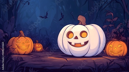 Cheerful Halloween Pumpkin Lanterns in Spooky Forest Scene photo