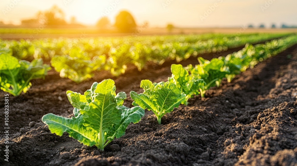 Lush green lettuce growing in a sunlit field. Lush green lettuce growing in a sunlit field.