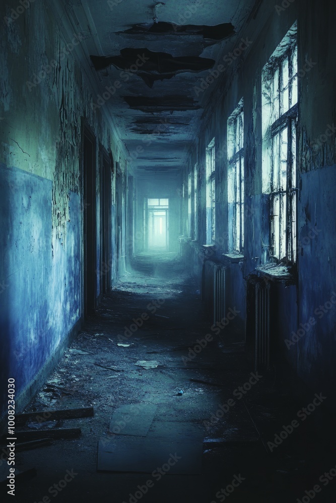 A long, dark and eerie hallway in an abandoned building. The light at the end of the hallway is faint and mysterious. Aesthetic cover page for horror novel A long, dark and eerie hallway in an abandoned building. The light at the end of the hallway is faint and mysterious. Aesthetic cover page for horror novel