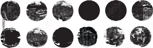 Vector rough edges badges set .Grunge set of textured black labels . Pack of vector stickers. Grunge circle stamps, insignias, labels, tags for your design. Grunge textured black vector rubber stamps