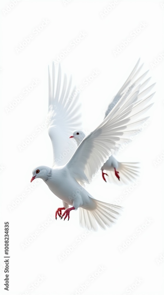 Macro close-up of two pigeons flying on white background Macro close-up of two pigeons flying on white background