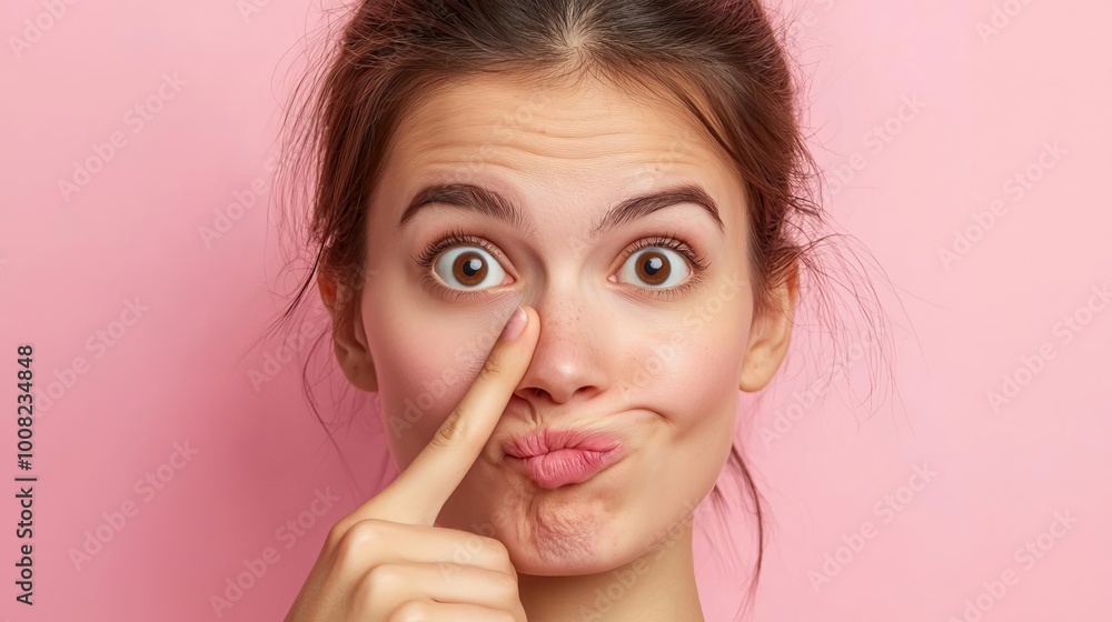 A playful young woman making a funny face against a pink background. A playful young woman making a funny face against a pink background.