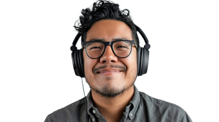 Young Hispanic male marketing professional with headphones during virtual meeting on white background 