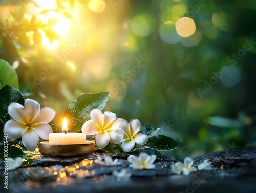 Candle surrounded by flowers, soft light and greenery background