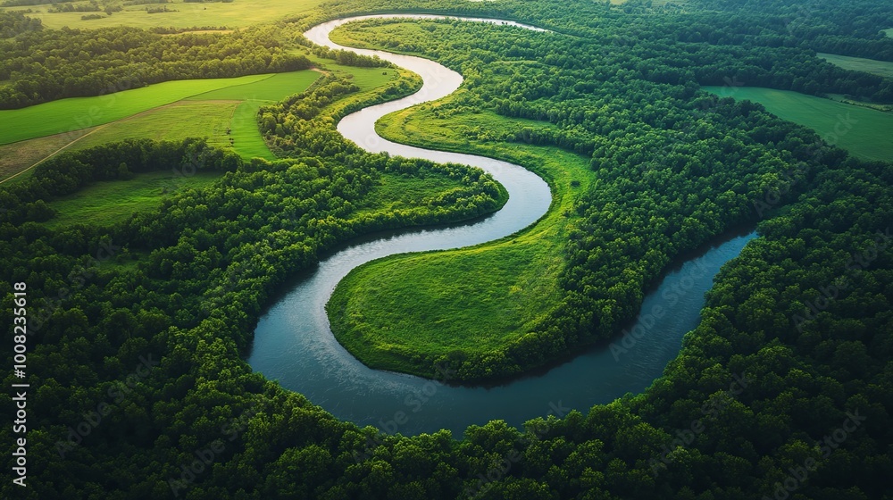 Aerial view of a winding river surrounded by lush green fields and forests, showcasing natural beauty and tranquility. Aerial view of a winding river surrounded by lush green fields and forests, showcasing natural beauty and tranquility.