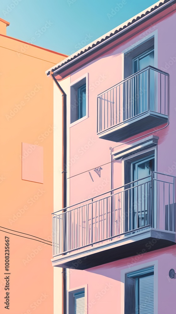 Fototapeta premium A pastel-colored building with balconies against a soft backdrop.