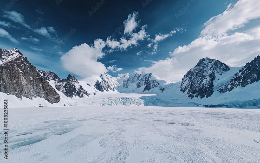 Fototapeta premium A breathtaking panoramic view of a snowy mountain landscape under a dramatic sky, showcasing nature's beauty.