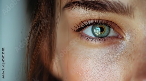 Close-up of a woman's eye with beautiful green iris and long eyelashes.