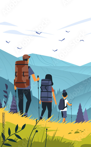 Family hiking mountain landscape outdoor adventure. Illustration depicts a family of three hiking in scenic mountains with backpacks and trekking poles vibrant colors nature