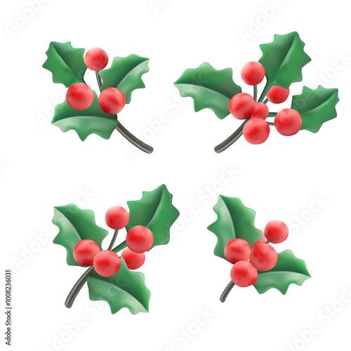 Set of christmas holly berries, isolated on white