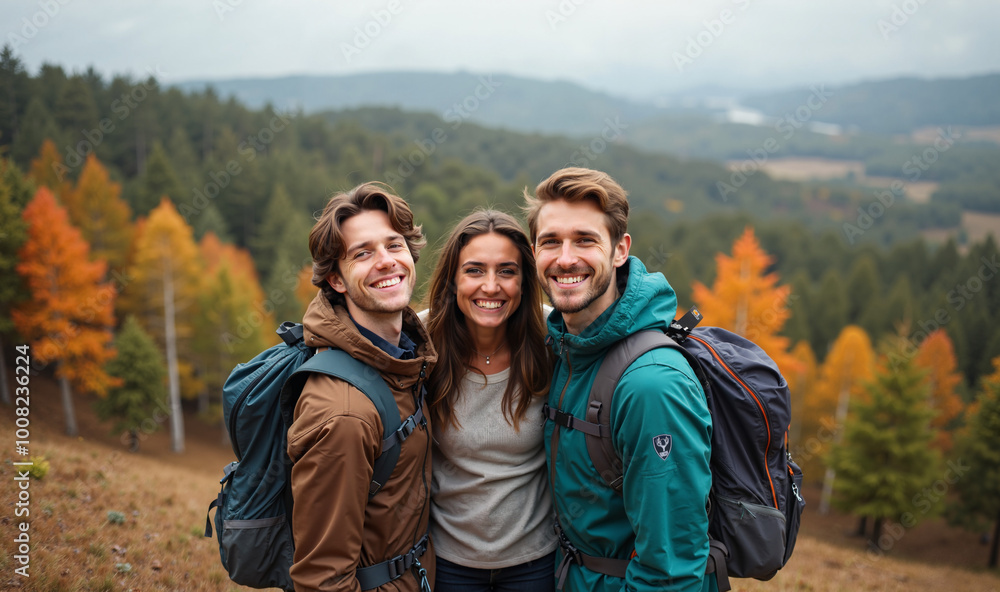 A group of three friends, two men and one woman, are hiking in the mountains. They are smiling and looking at the camera, with a backdrop of colorful autumn foliage. A group of three friends, two men and one woman, are hiking in the mountains. They are smiling and looking at the camera, with a backdrop of colorful autumn foliage.