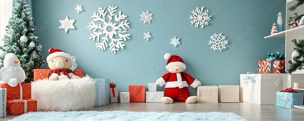 Fototapeta premium Charming Christmas Themed Children s Bedroom with Whimsical Snowflake Decor and Plush Toys
