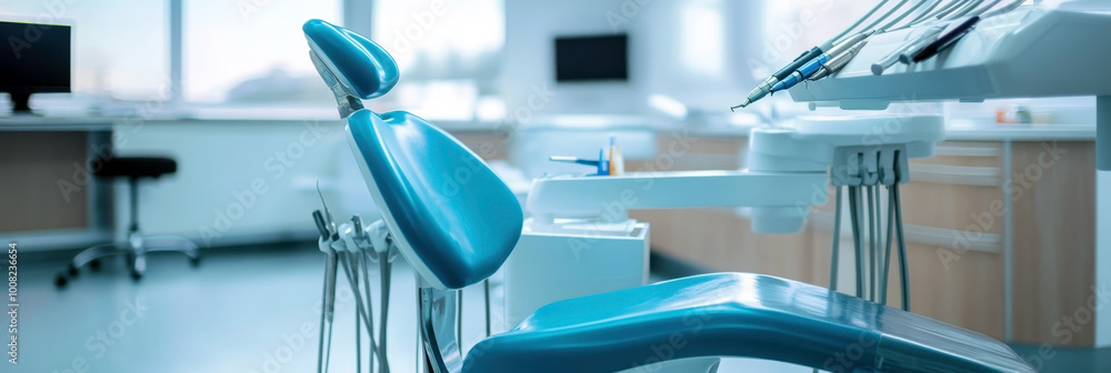 Dentist chair in a dentist's office. International Dentist day. Stomatology Day. Children's Dental Health Month. Horizontal banner. Copy space. Dental health concept Dentist chair in a dentist's office. International Dentist day. Stomatology Day. Children's Dental Health Month. Horizontal banner. Copy space. Dental health concept