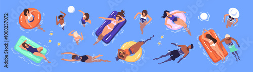 People floating on inflatable circles in swimming pool top view. Tourists sunbathing on rubber mattresses in summer vacation. Men, women relax at sea, water park banner. Flat vector illustration