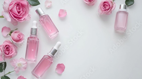 Elegant rose essence bottles with petals on a clean white background.