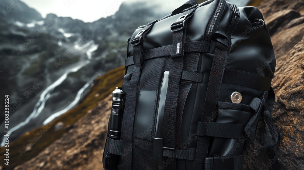 A durable black backpack resting on a rocky surface in a mountainous environment. A durable black backpack resting on a rocky surface in a mountainous environment.