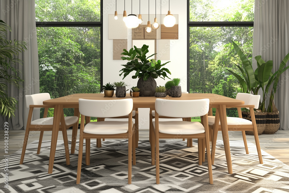 Asian Zen inspired modern 6-seater dining area interior stock photo, boutique home interior design with chandelier and wall art Asian Zen inspired modern 6-seater dining area interior stock photo, boutique home interior design with chandelier and wall art