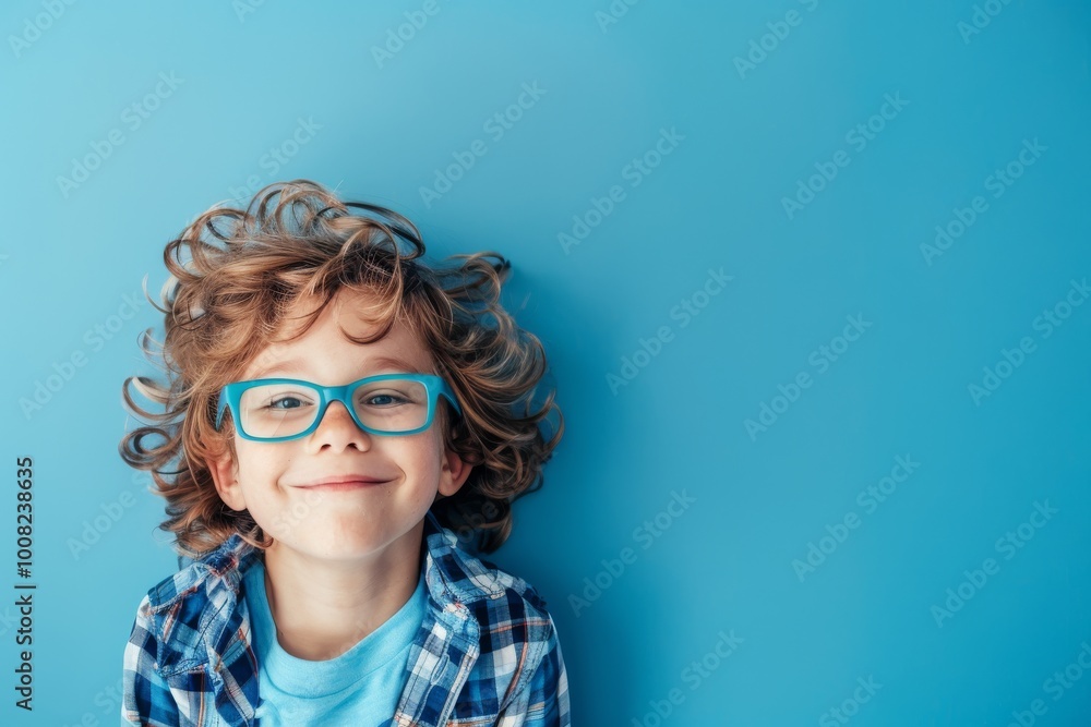 A cheerful boy with curly hair and glasses smiles playfully against a bright blue wall. Copy space A cheerful boy with curly hair and glasses smiles playfully against a bright blue wall. Copy space
