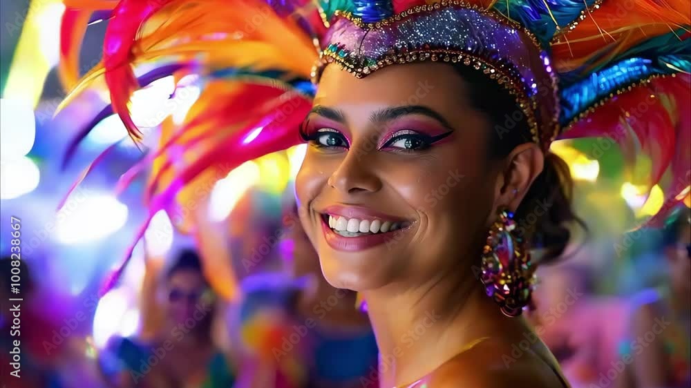 A woman wearing a colorful carnival costume with feathers, smiling and surrounded by a vibrant party atmosphere. A woman wearing a colorful carnival costume with feathers, smiling and surrounded by a vibrant party atmosphere.