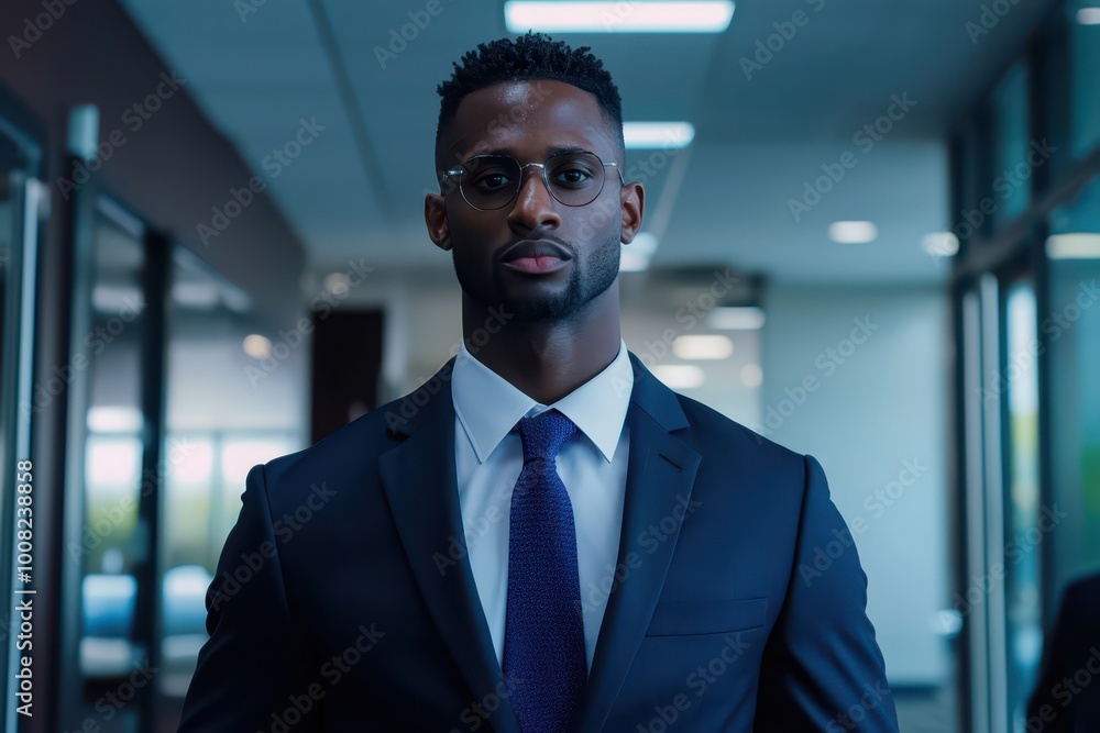 A confident man in a formal suit walks through an office corridor, exuding professionalism and determination. A confident man in a formal suit walks through an office corridor, exuding professionalism and determination.
