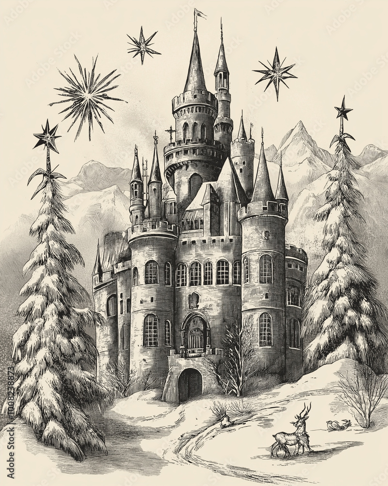 Obraz premium Vintage engraved Christmas castle card style