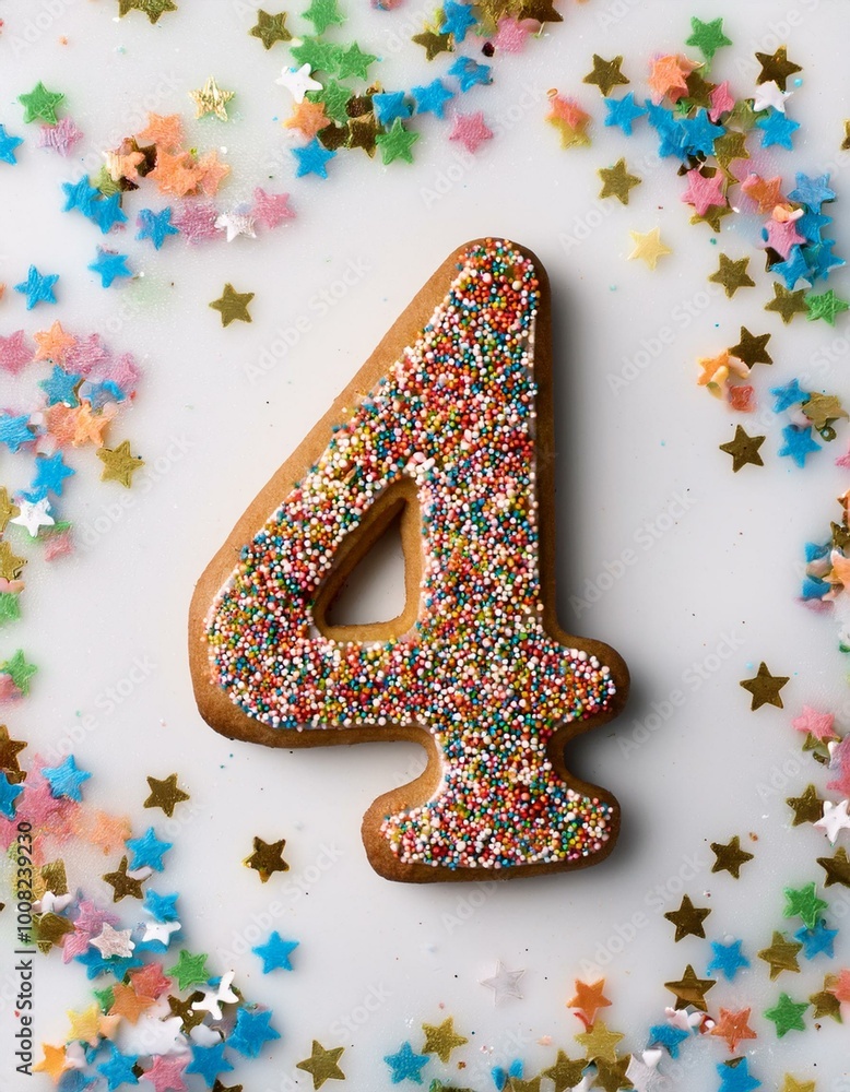 Decorated cookie, number 4, image for birthday or anniversary celebration Decorated cookie, number 4, image for birthday or anniversary celebration