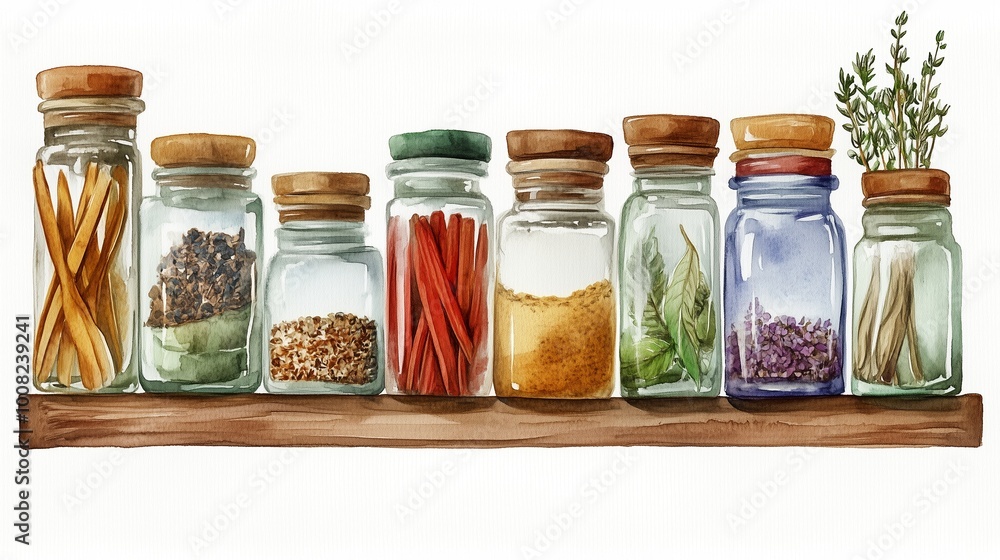 Variety of spices in glass jars arranged neatly on a wooden shelf in a warm kitchen setting Variety of spices in glass jars arranged neatly on a wooden shelf in a warm kitchen setting