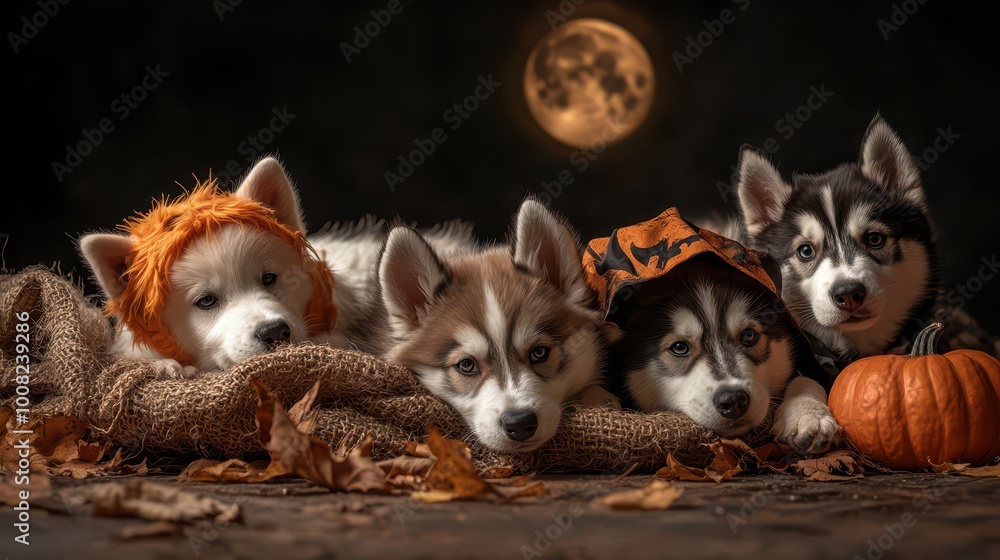 Adorable husky puppies in Halloween costumes resting on burlap with a pumpkin and full moon backdrop. Perfect autumn-themed pet photo. Adorable husky puppies in Halloween costumes resting on burlap with a pumpkin and full moon backdrop. Perfect autumn-themed pet photo.