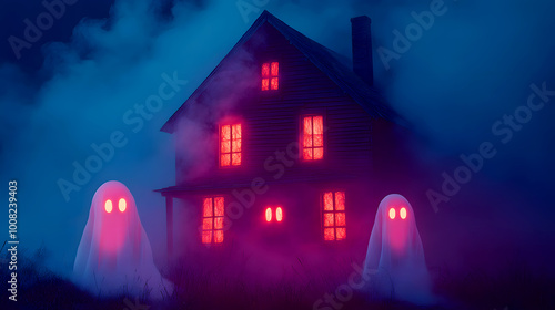 Ghostly Figures Haunting a Dark Eerie House photo