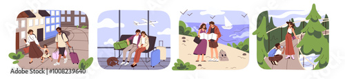 Tourism set. Tourists navigate with map in journey. Couple waiting in airport. Family travels together. People sightseeing, take photo at tour. Flat isolated vector illustrations on white background