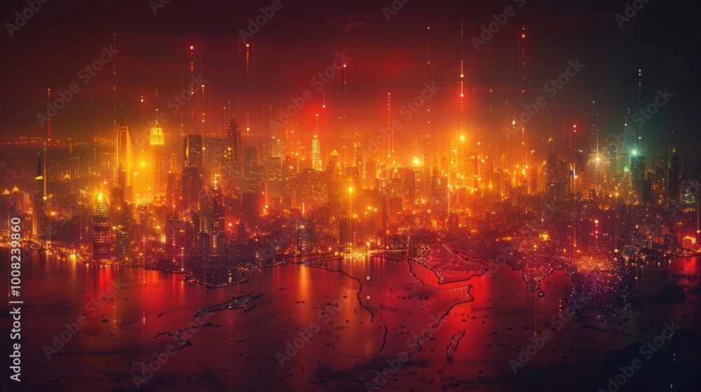 Fototapeta premium Cityscape at Night with Red and Yellow Lights