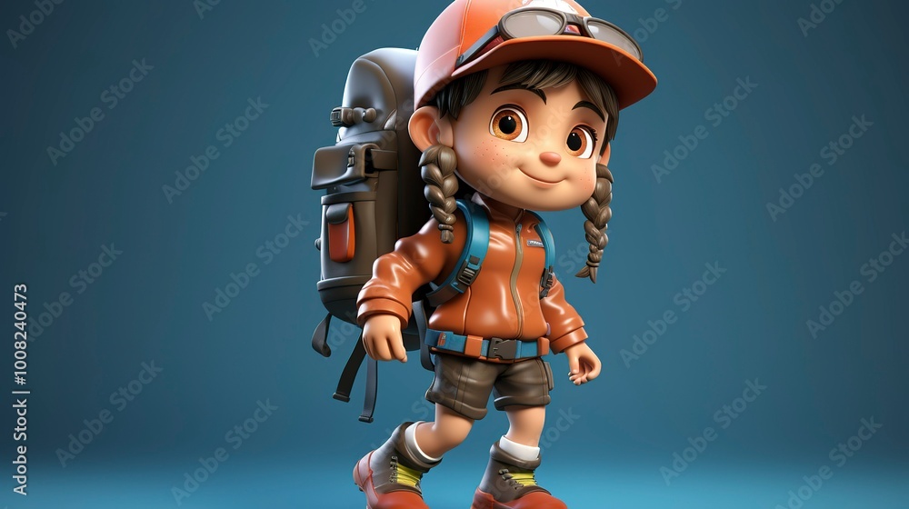 A photo of a 3D character hiking with a practical A photo of a 3D character hiking with a practical