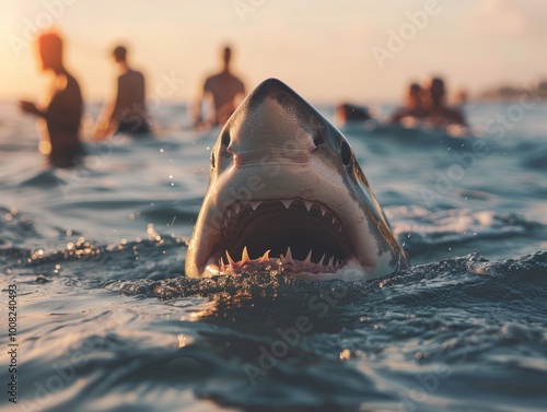 Closeup dangerous shark animal predator fin coming out of the sea or ocean water surface, - ai
