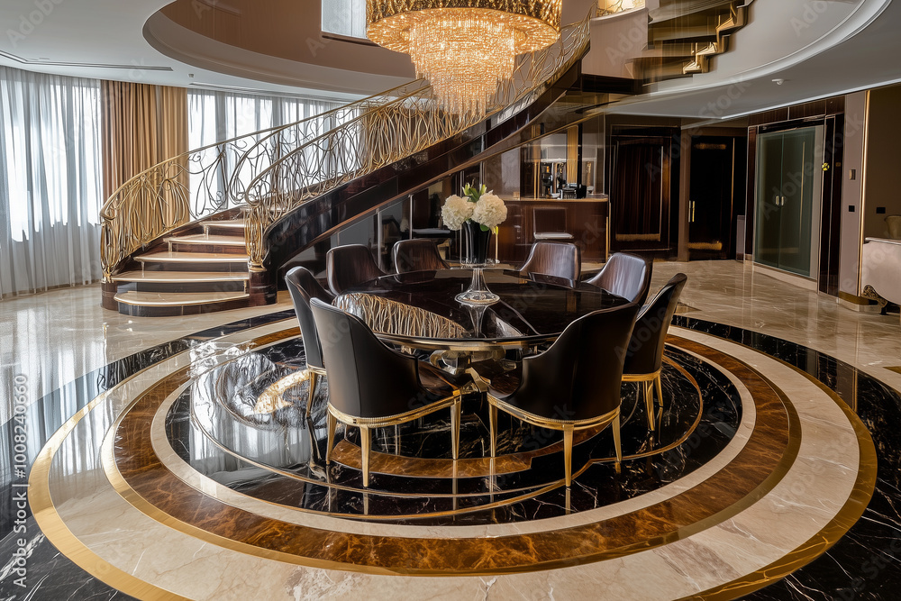 staircase in living room with dining table, art deco style interior ...