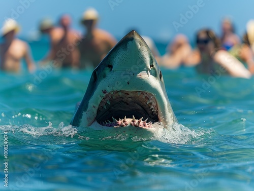 Closeup dangerous shark animal predator fin coming out of the sea or ocean water surface, - ai
