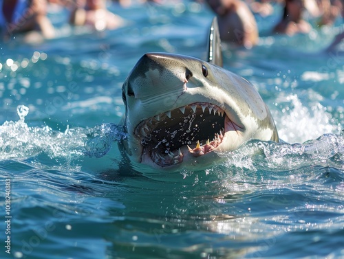 Closeup dangerous shark animal predator fin coming out of the sea or ocean water surface, - ai
