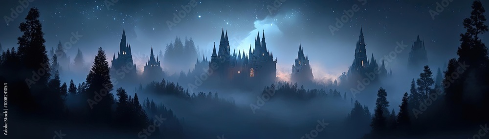A mysterious and enchanting landscape featuring shadowy castles and a moonlit sky, evoking a sense of wonder and magic. A mysterious and enchanting landscape featuring shadowy castles and a moonlit sky, evoking a sense of wonder and magic.