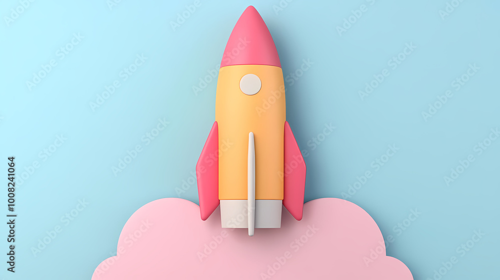 A rocket is launched into the sky, with a blue background. The rocket is pink and yellow, and it is flying through a cloud. Concept of excitement and adventure A rocket is launched into the sky, with a blue background. The rocket is pink and yellow, and it is flying through a cloud. Concept of excitement and adventure