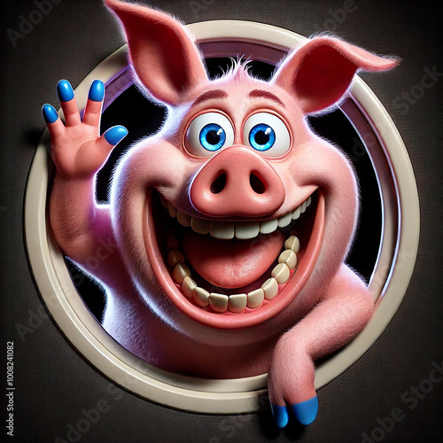 cochon rose , sympathique et jovial, illustration type dessin animé , cochon qui fait coucou  photo